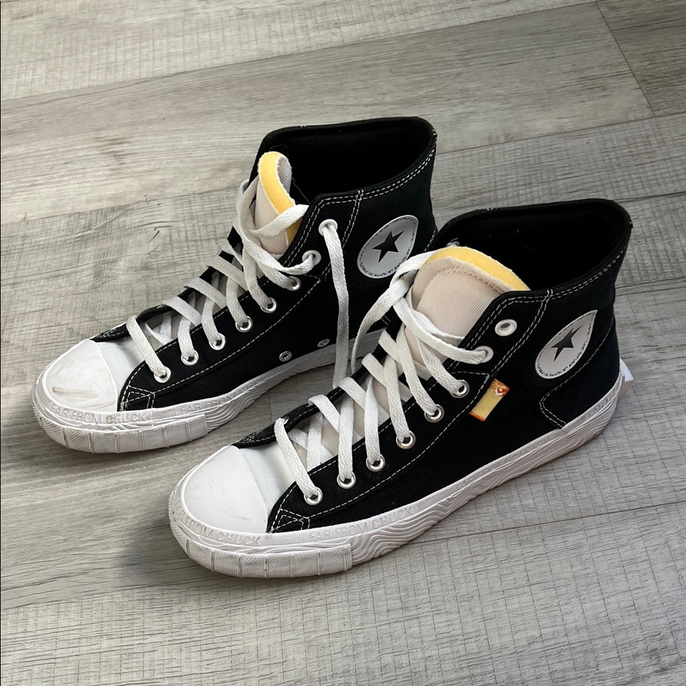 Black converse High-Top Sneakers with orange bottoms used 9